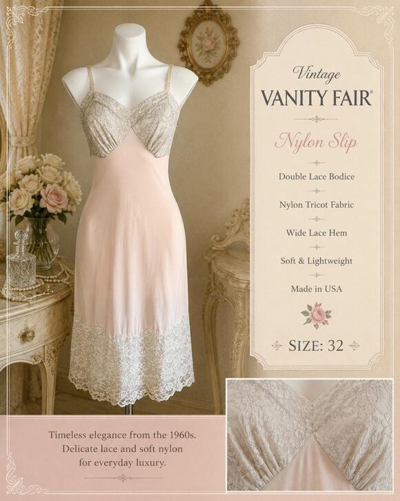 Vanity Fair Other - Vintage 60s Vanity Fair Blush Pink Nylon Tricot Slip Double Lace Bodice Hem 32